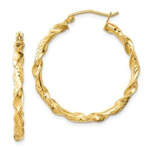 Elegant Sterling Silver Gold-plated 3x30mm Diamond-cut Twisted Hoop Earrings